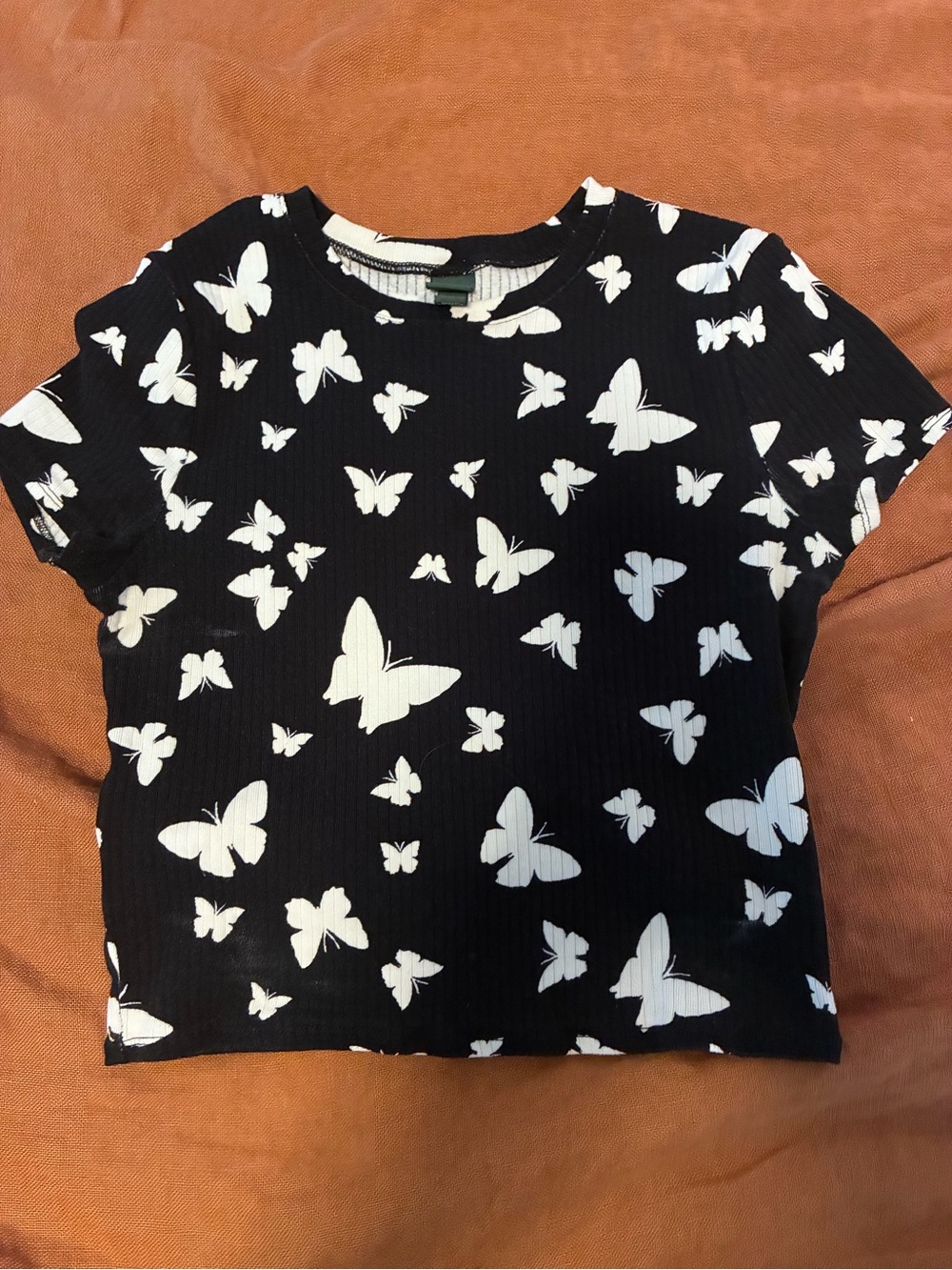 Wild Fable Black Midriff Tee with White Butterfly Print